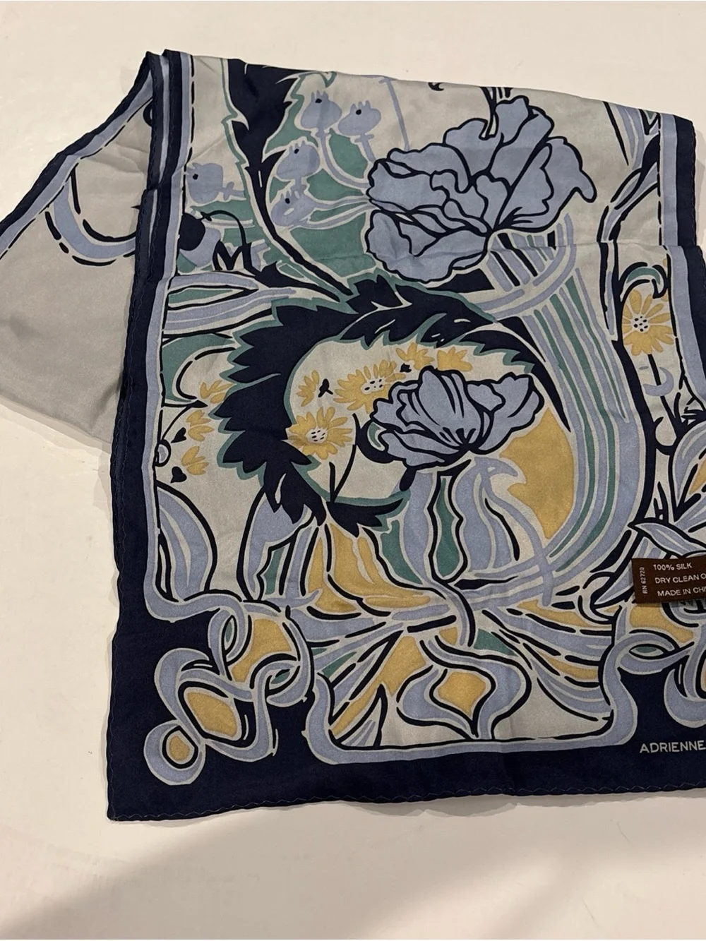 Silk Scarf Adrienne Vittadini Delicate Floral Blue Green Yellow 53” X 11 1/2